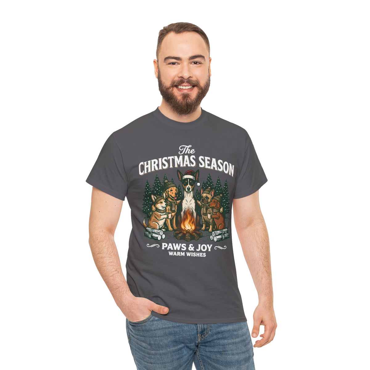 The Christmas Season Unisex T-Shirt — dogs gather around a warm campfire