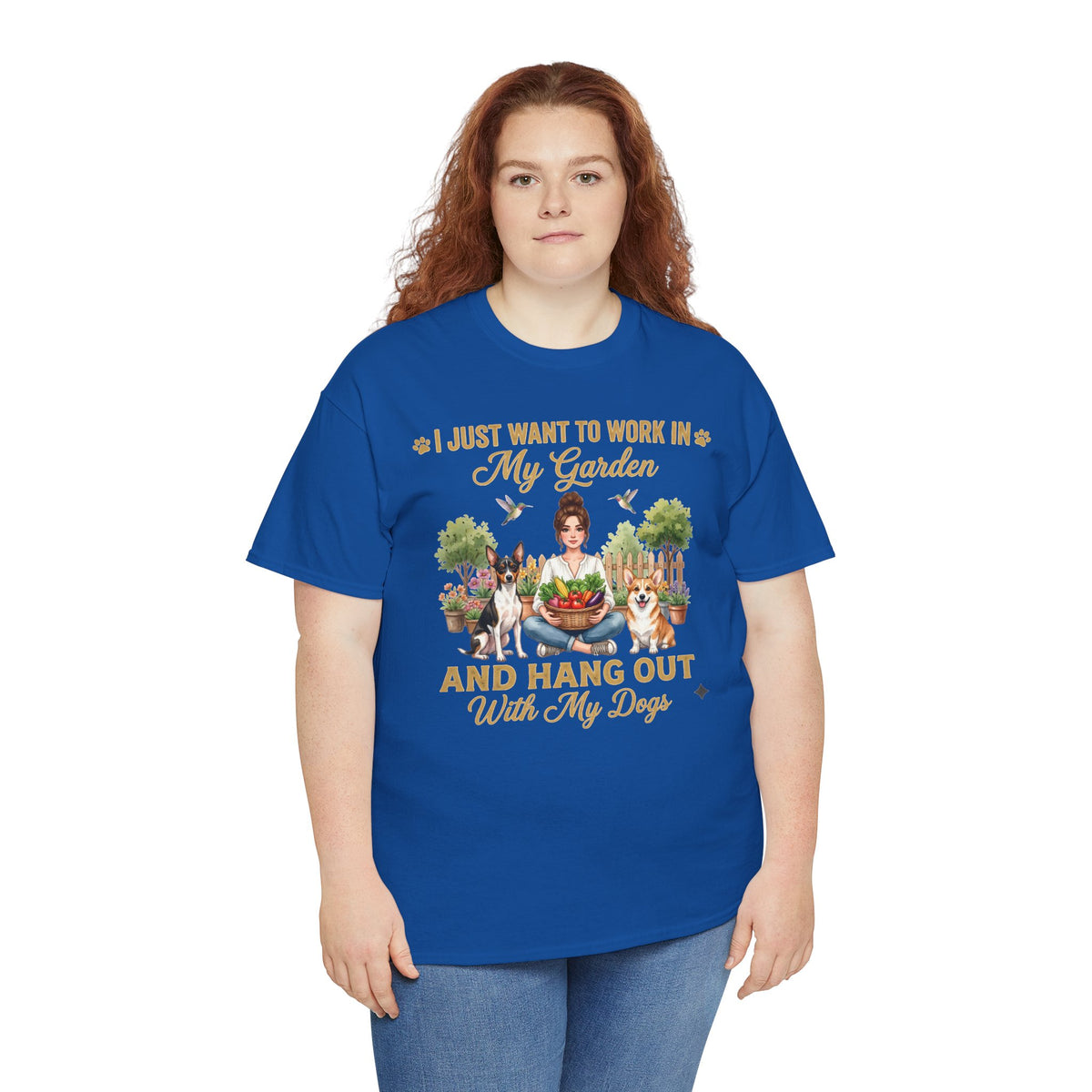 I Just Want to Work in My Garden and Hang Out With My Dogs Unisex T-Shirt — woman among potted plants with her dogs