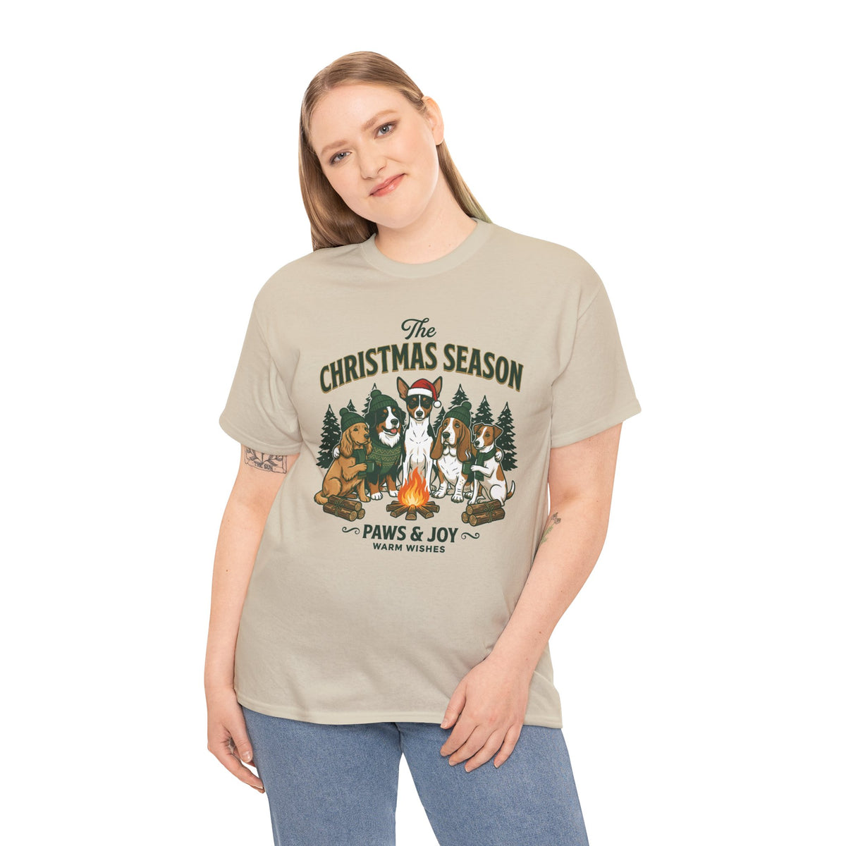 The Christmas Season Unisex T-Shirt — dogs relax around a crackling campfire