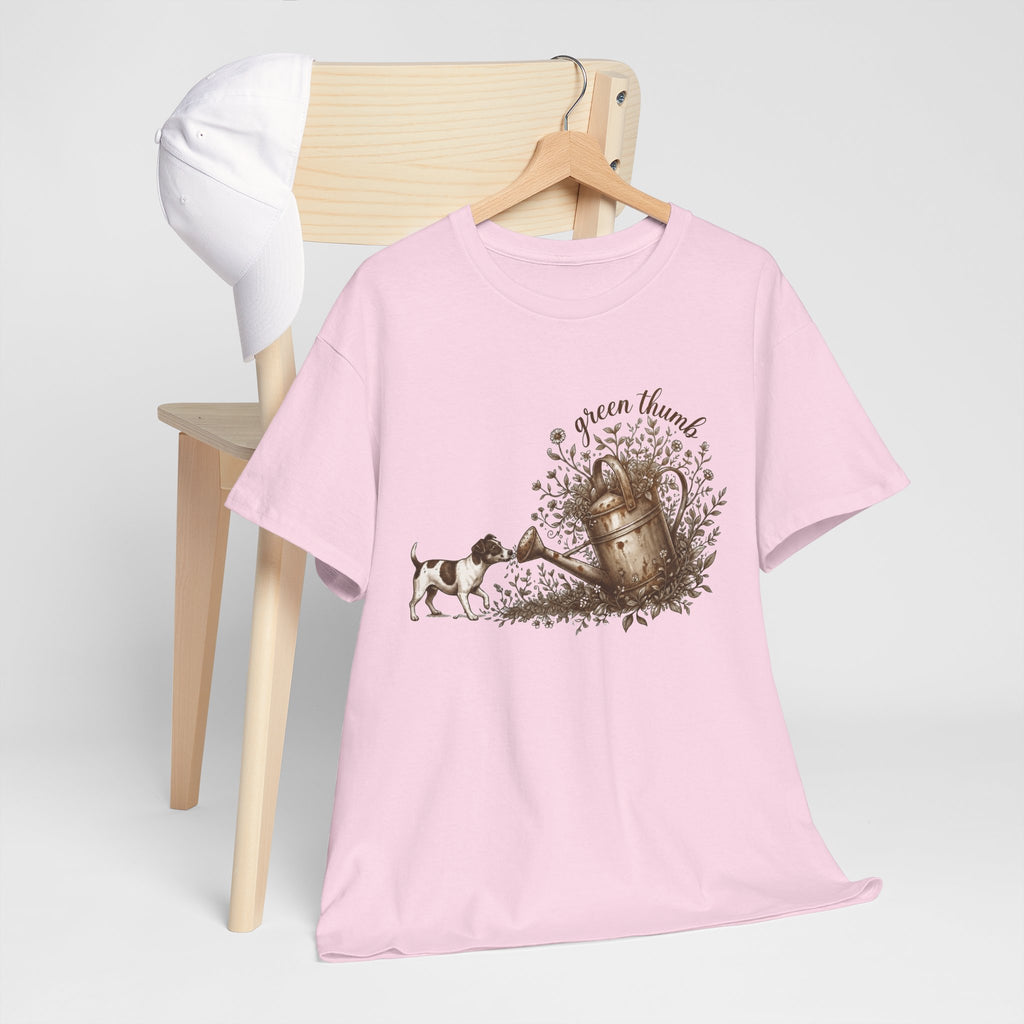 Green Thumb T-Shirt — Vintage Garden Watering Can & Puppy Graphic