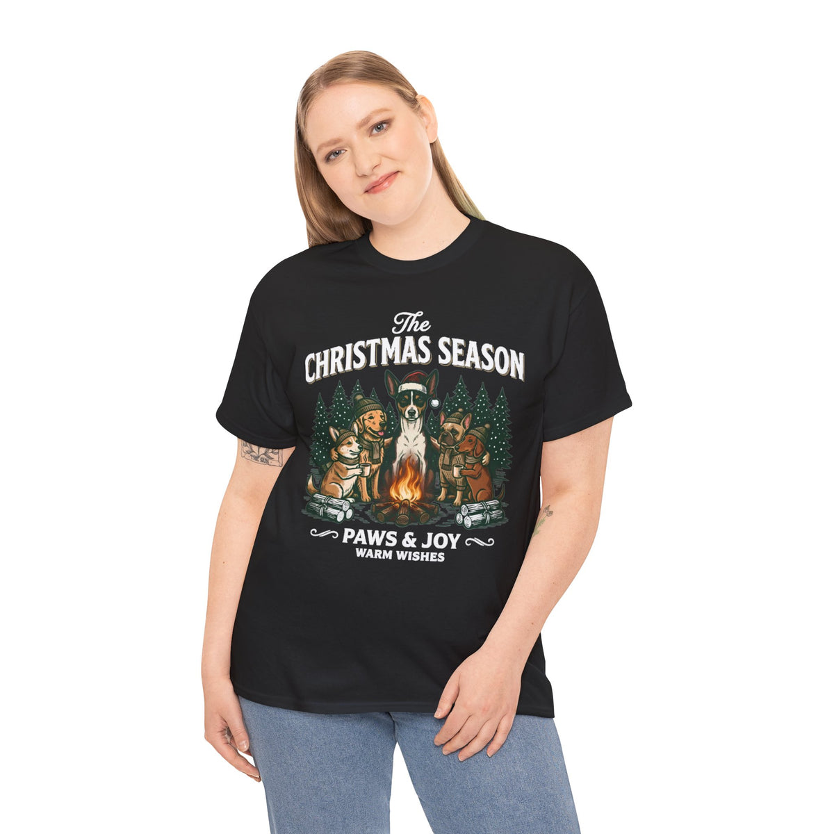 The Christmas Season Unisex T-Shirt — dogs gather around a warm campfire
