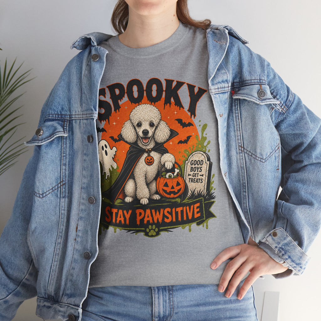 Spooky Stay Pawsitive Unisex T-Shirt — a vampire-caped white Poodle
