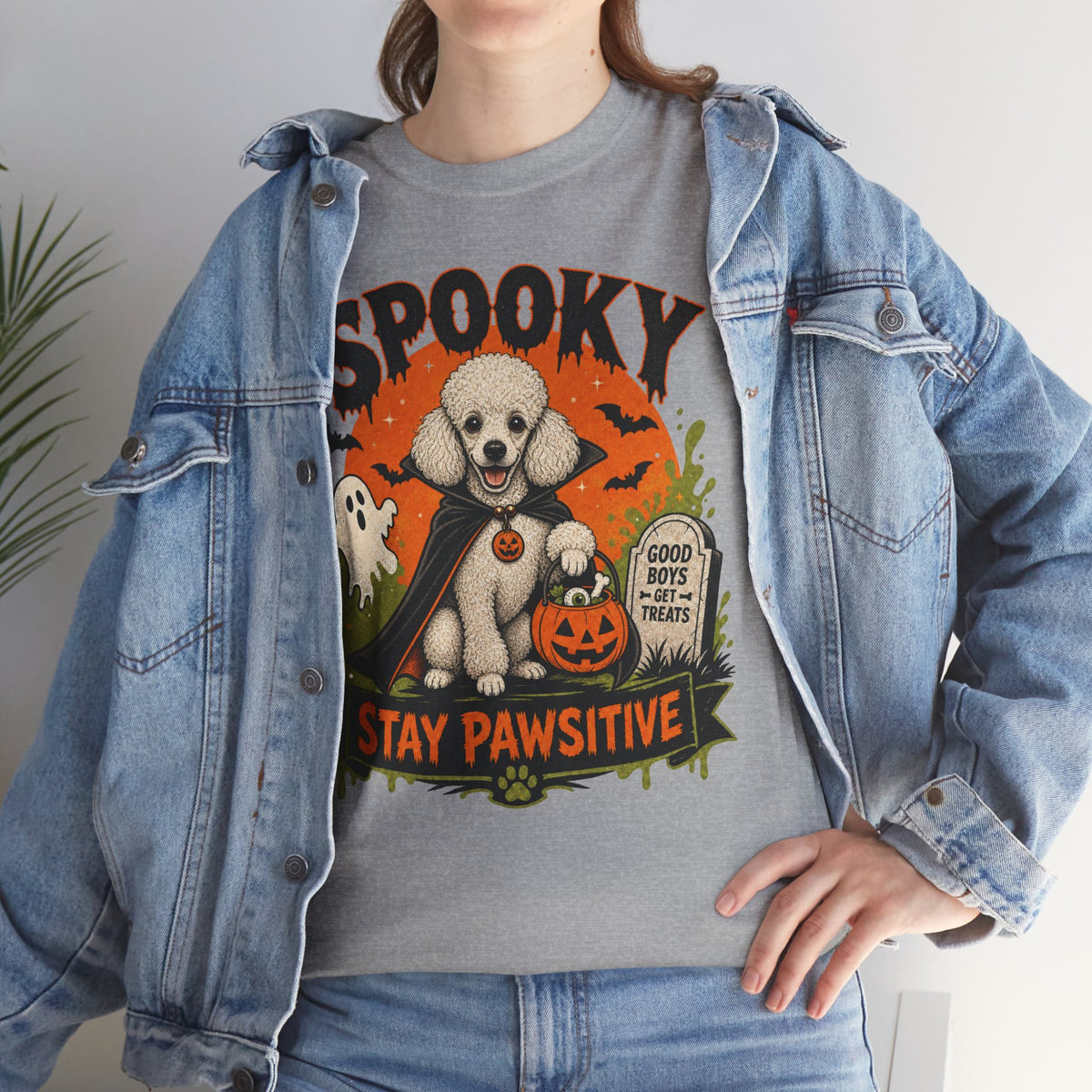 Spooky Stay Pawsitive Unisex T-Shirt — a vampire-caped white Poodle