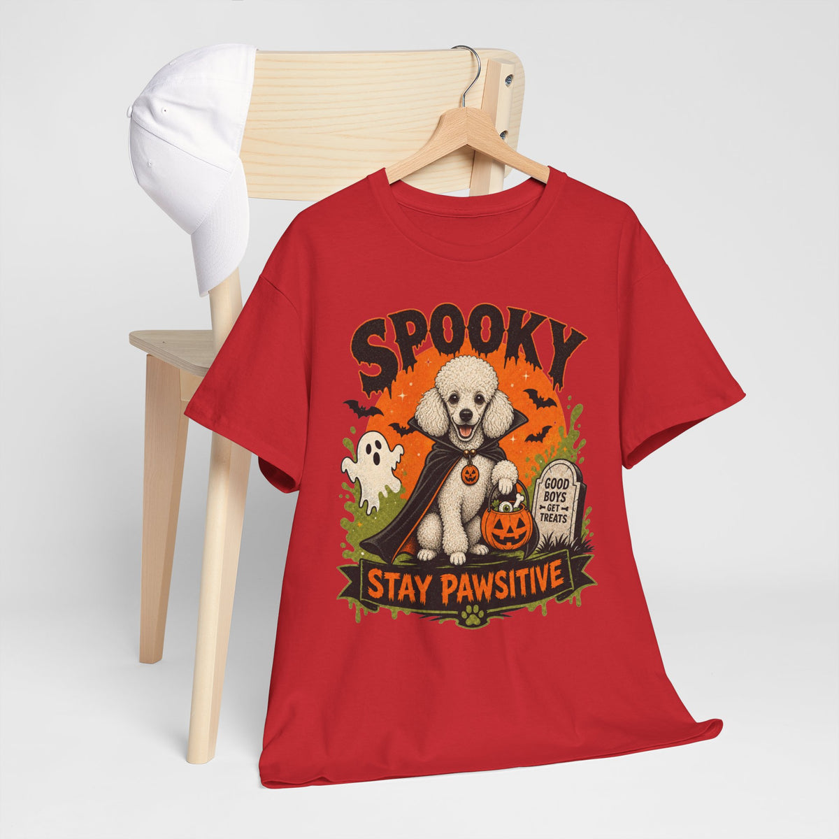Spooky Stay Pawsitive Unisex T-Shirt — a vampire-caped white Poodle