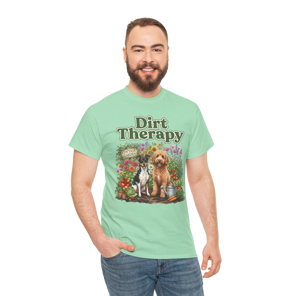 Dirt Therapy Gardening T‑Shirt — Dogs & Flowers Garden Lover Tee