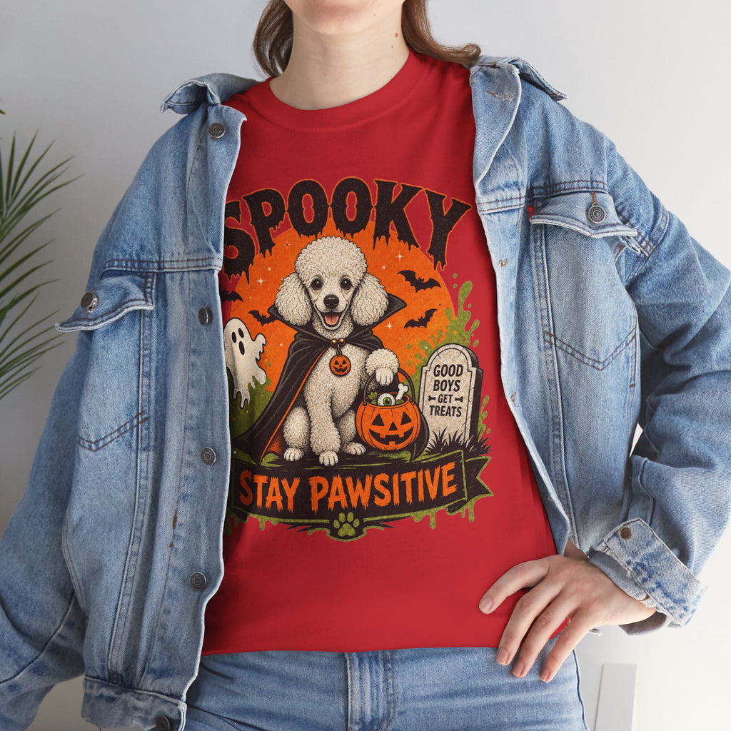Spooky Stay Pawsitive Unisex T-Shirt — a vampire-caped white Poodle