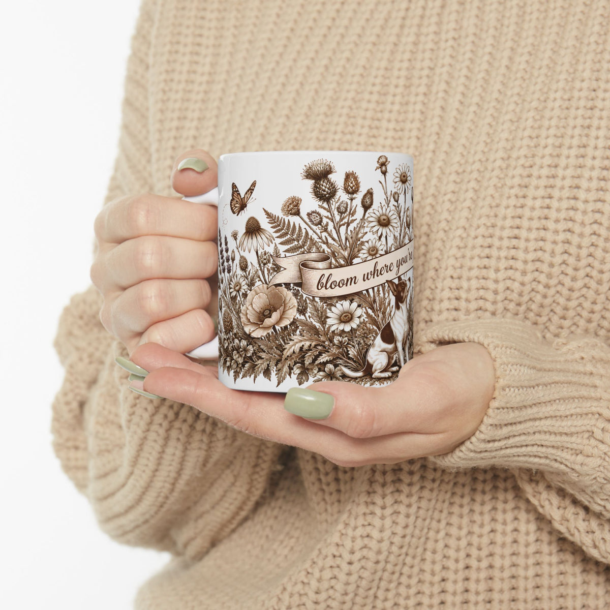 Bloom Where You’re Planted Ceramic Mug — Floral Garden Dog Coffee Cup (11oz )
