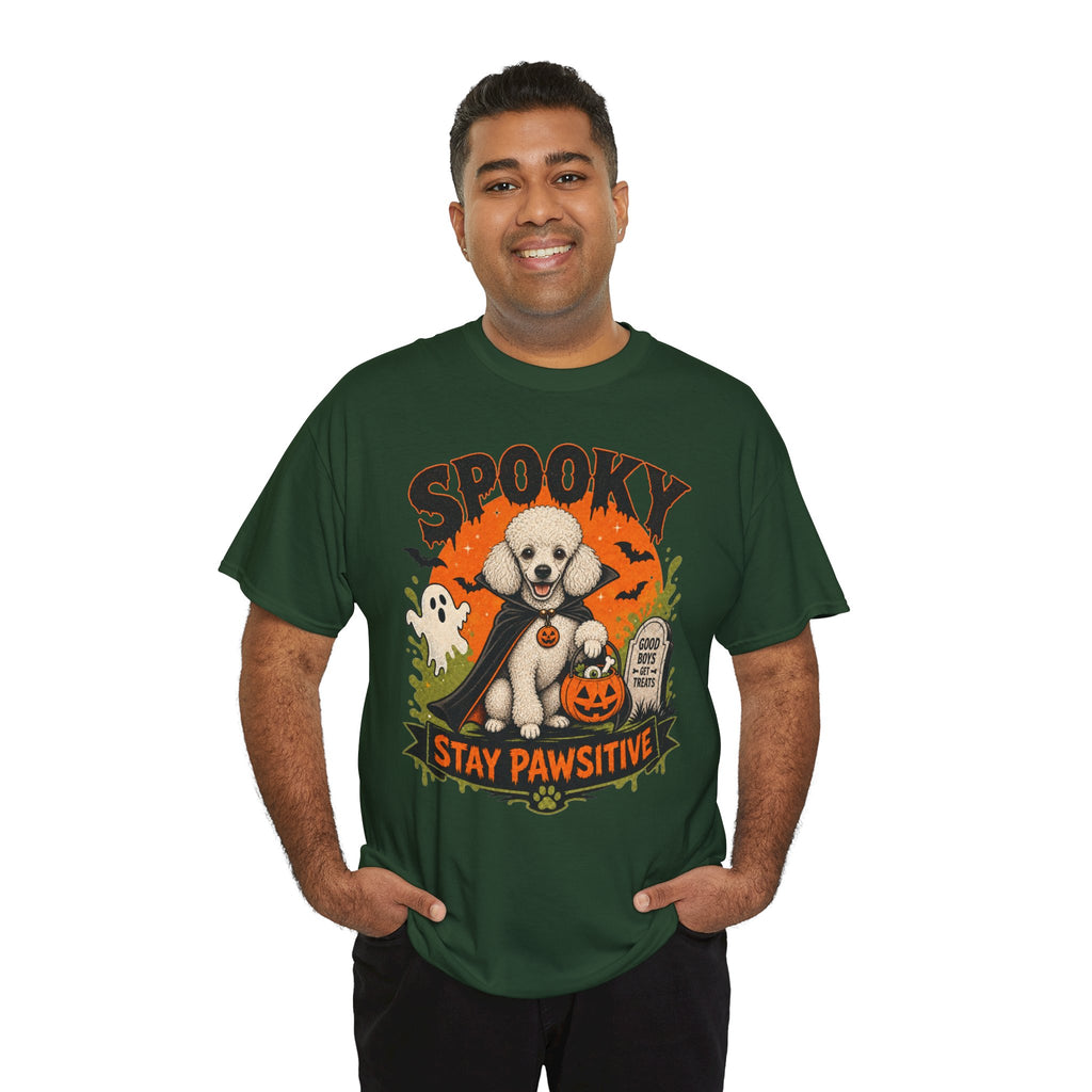 Spooky Stay Pawsitive Unisex T-Shirt — a vampire-caped white Poodle
