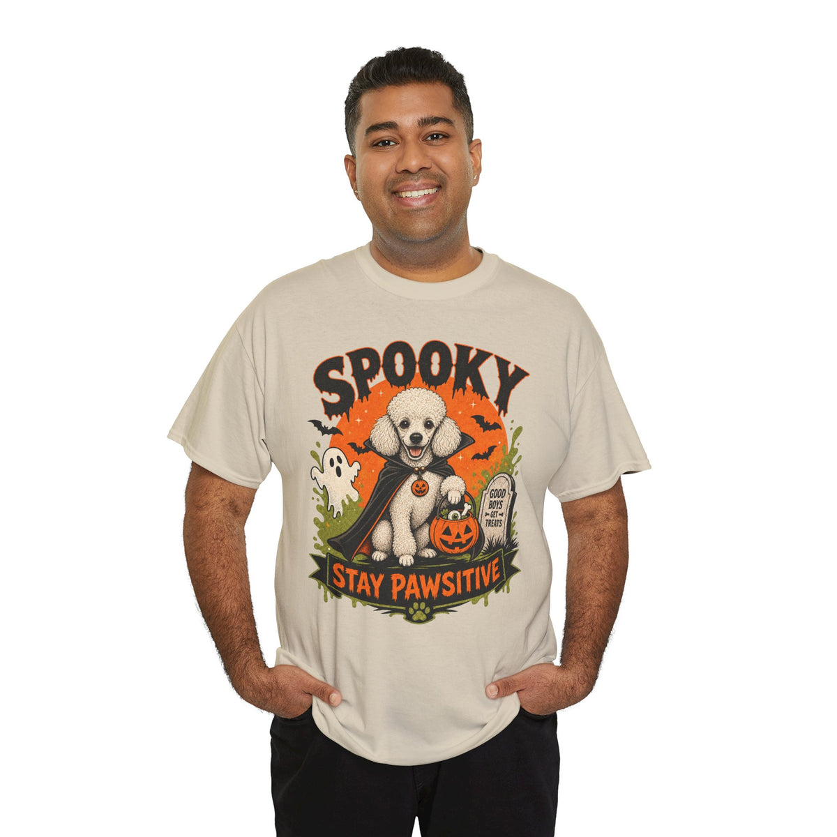 Spooky Stay Pawsitive Unisex T-Shirt — a vampire-caped white Poodle