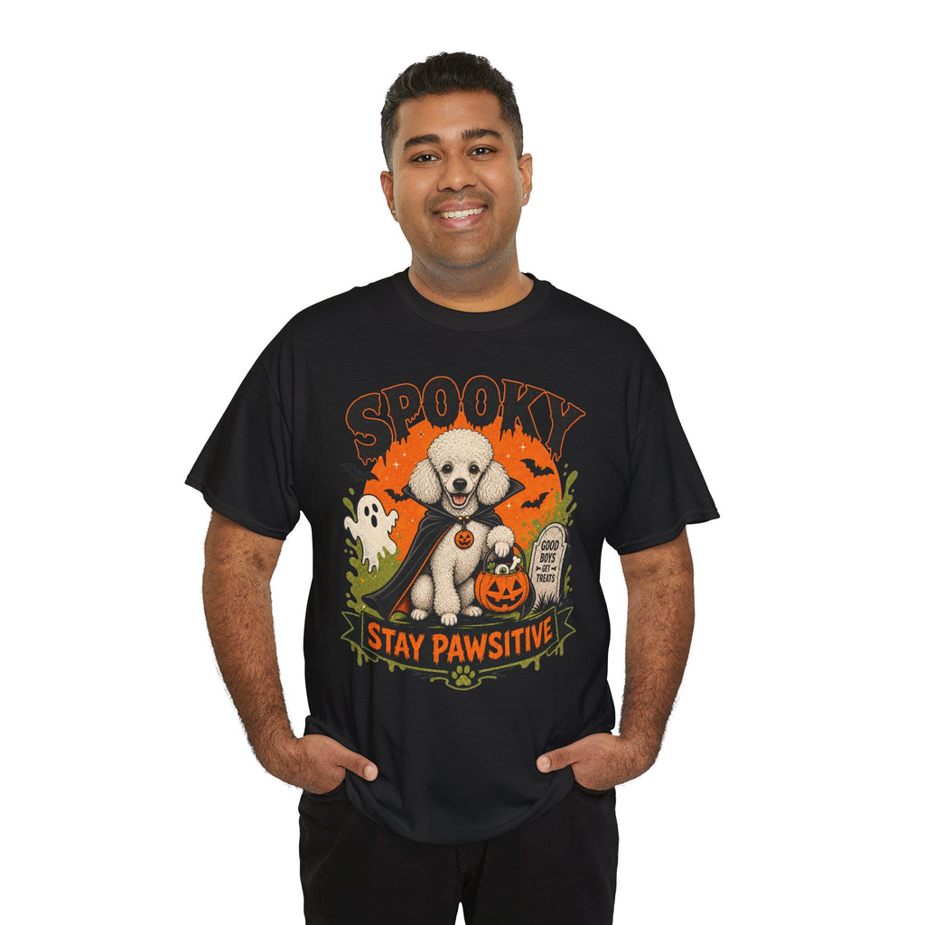 Spooky Stay Pawsitive Unisex T-Shirt — a vampire-caped white Poodle