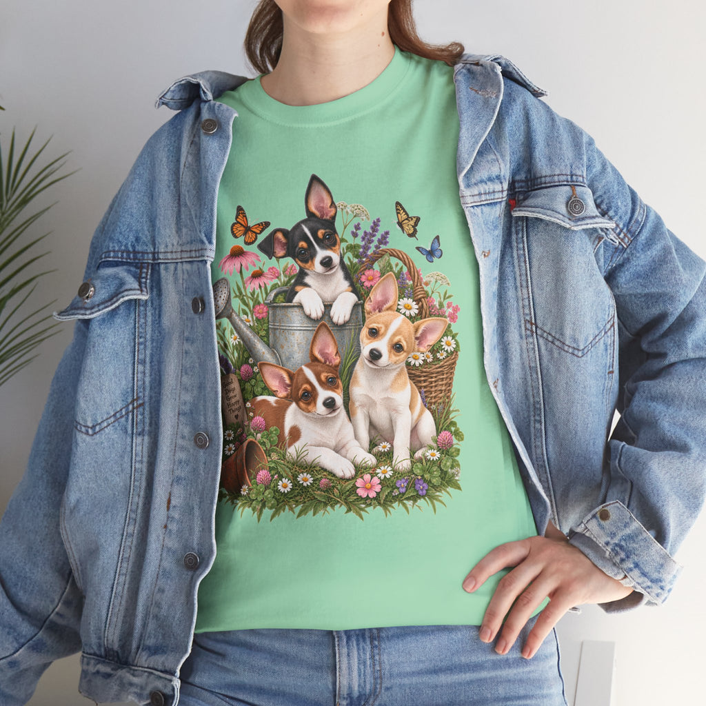 Rat Terrier Garden Tee — Cute Puppies & Floral Watering Can T-Shirt
