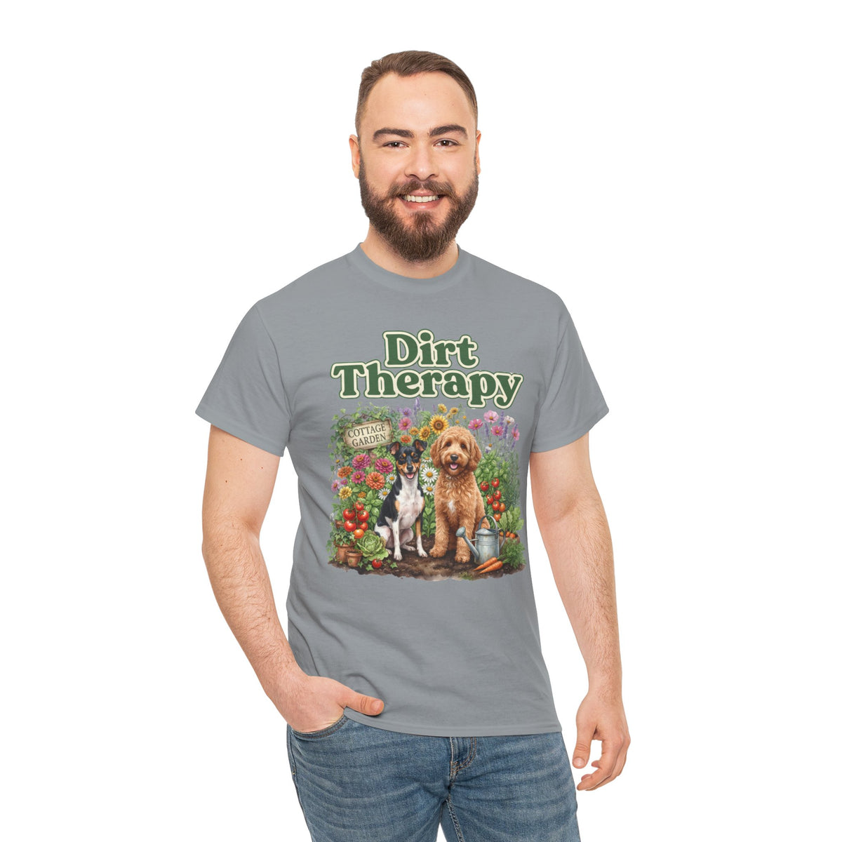 Dirt Therapy Gardening T‑Shirt — Dogs & Flowers Garden Lover Tee