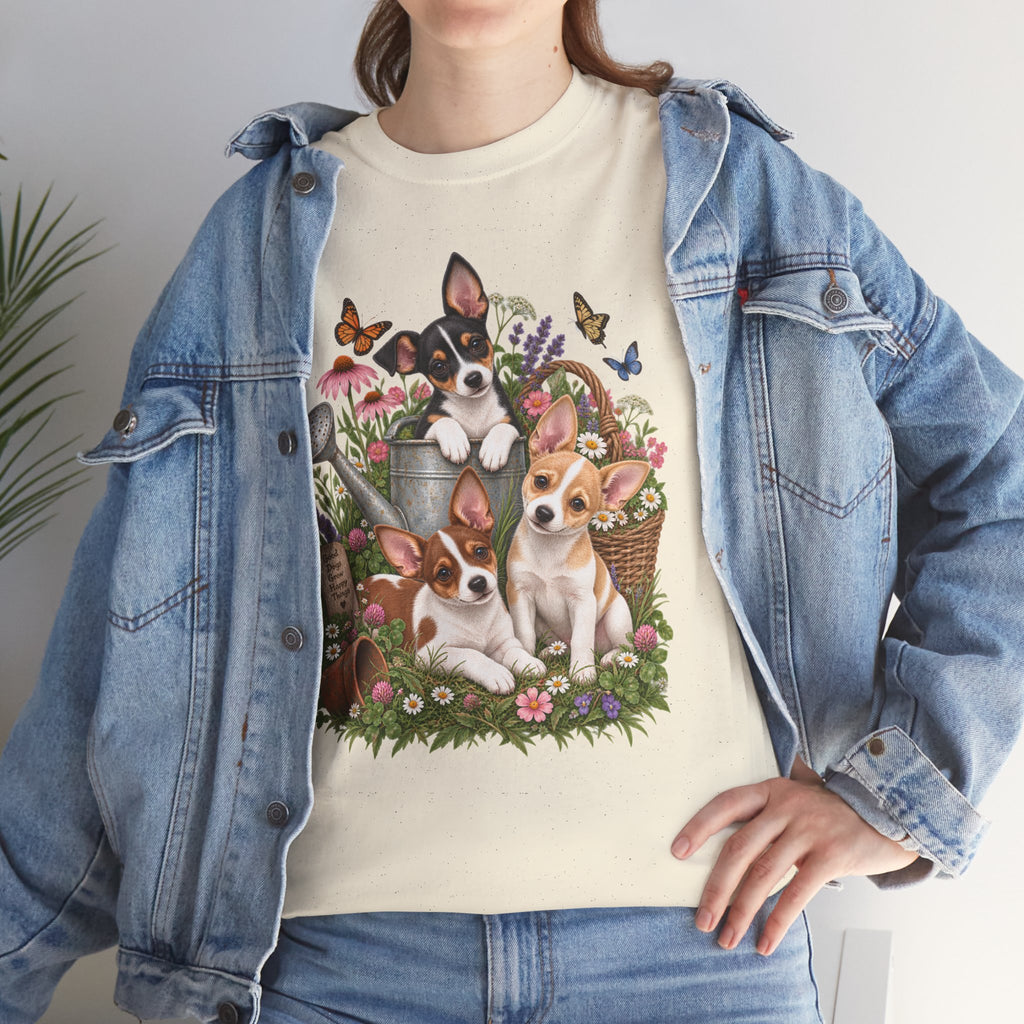 Rat Terrier Garden Tee — Cute Puppies & Floral Watering Can T-Shirt
