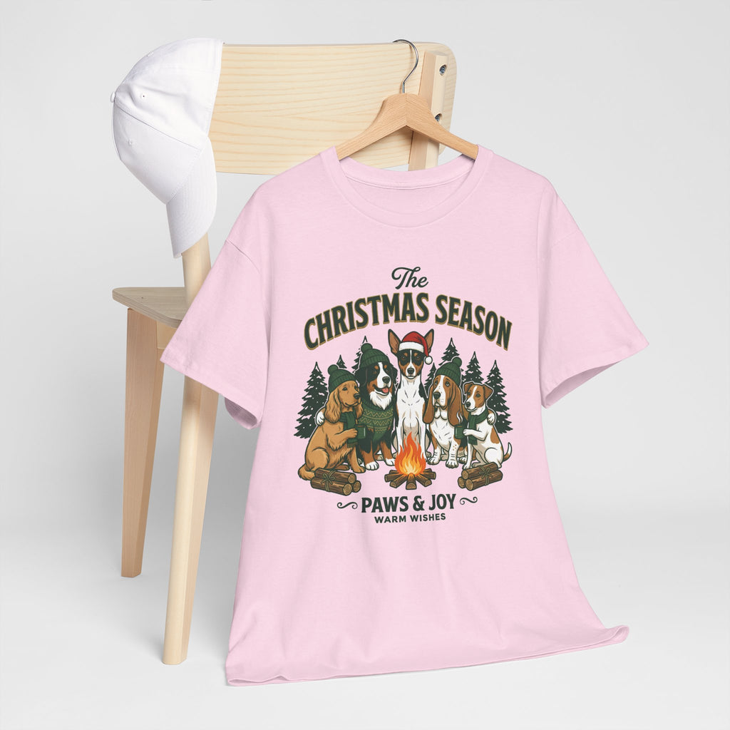 The Christmas Season Unisex T-Shirt — dogs relax around a crackling campfire