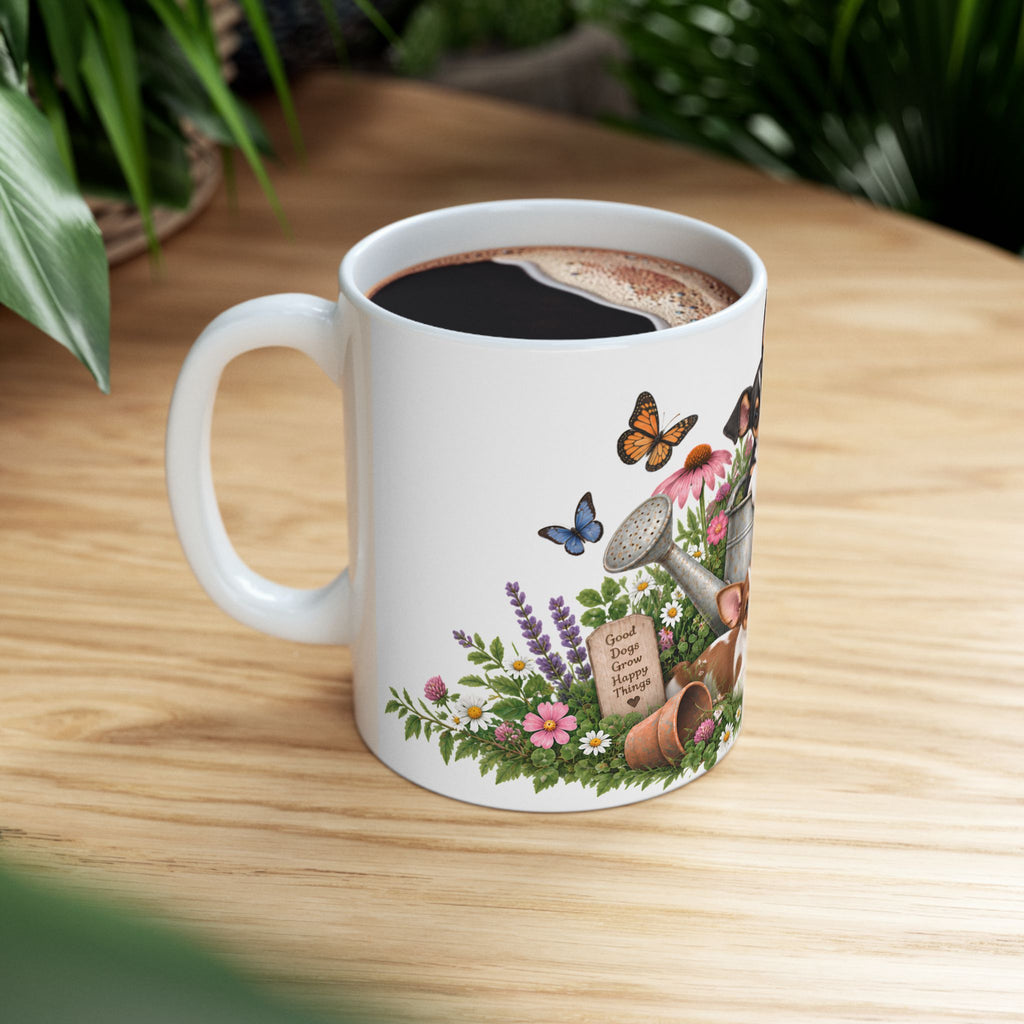 Rat Terrier Garden Ceramic Mug – Cute Puppies, Flowers & Watering Can (11oz)