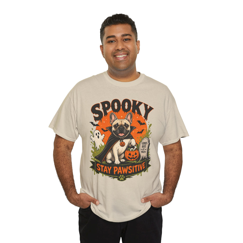 Spooky Stay Pawsitive Unisex T-Shirt — a vampire-caped French bulldog