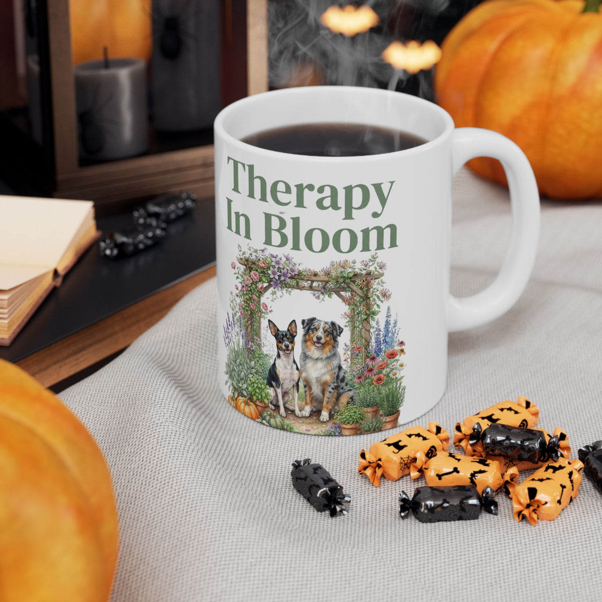 Therapy In Bloom Ceramic Mug – Floral Garden with Dogs 11oz