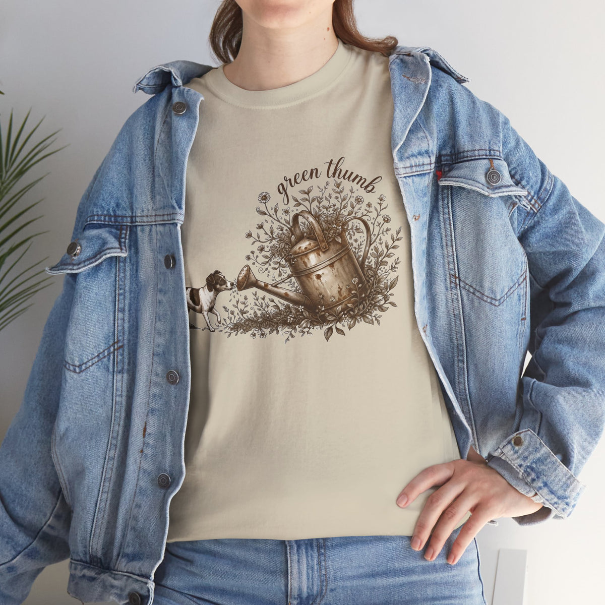 Green Thumb T-Shirt — Vintage Garden Watering Can & Puppy Graphic
