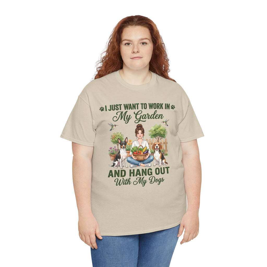 I Just Want to Work in My Garden and Hang Out With My Dogs Unisex T-Shirt — woman relaxes cross-legged in her garden