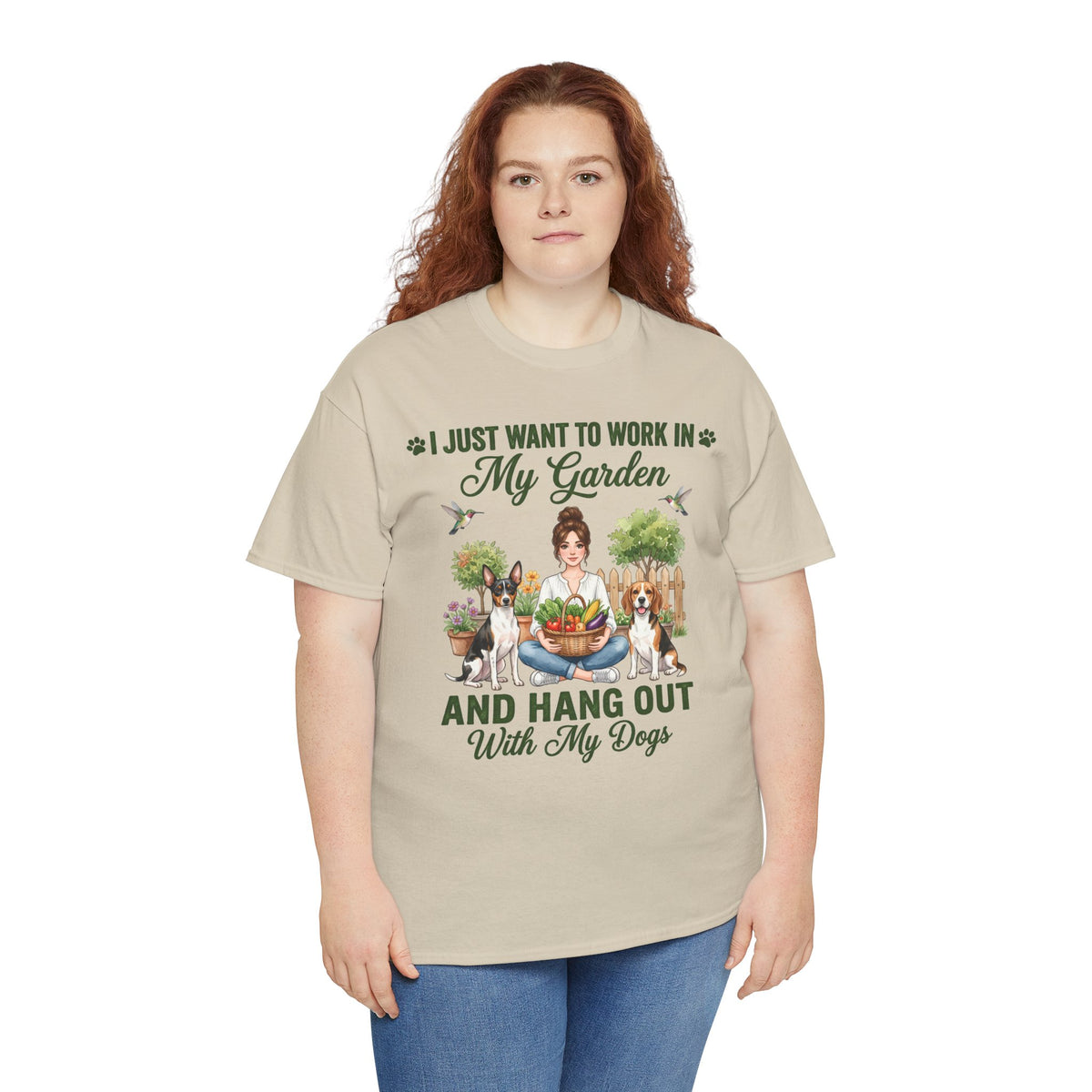 I Just Want to Work in My Garden and Hang Out With My Dogs Unisex T-Shirt — woman relaxes cross-legged in her garden
