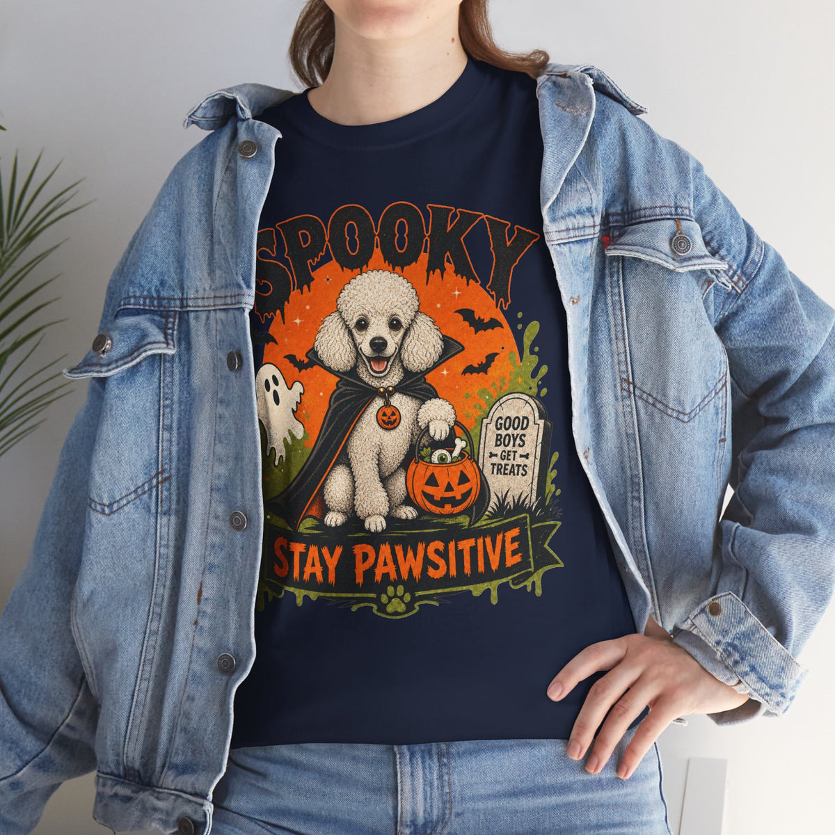 Spooky Stay Pawsitive Unisex T-Shirt — a vampire-caped white Poodle