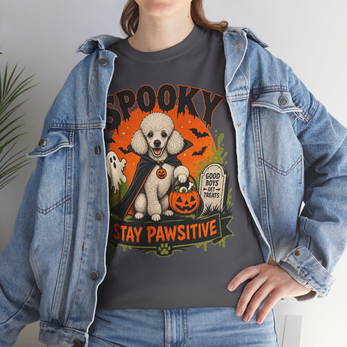 Spooky Stay Pawsitive Unisex T-Shirt — a vampire-caped white Poodle