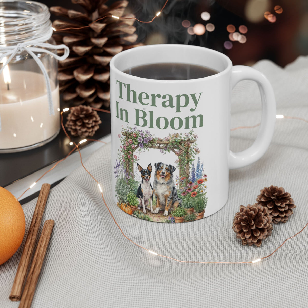 Therapy In Bloom Ceramic Mug – Floral Garden with Dogs 11oz
