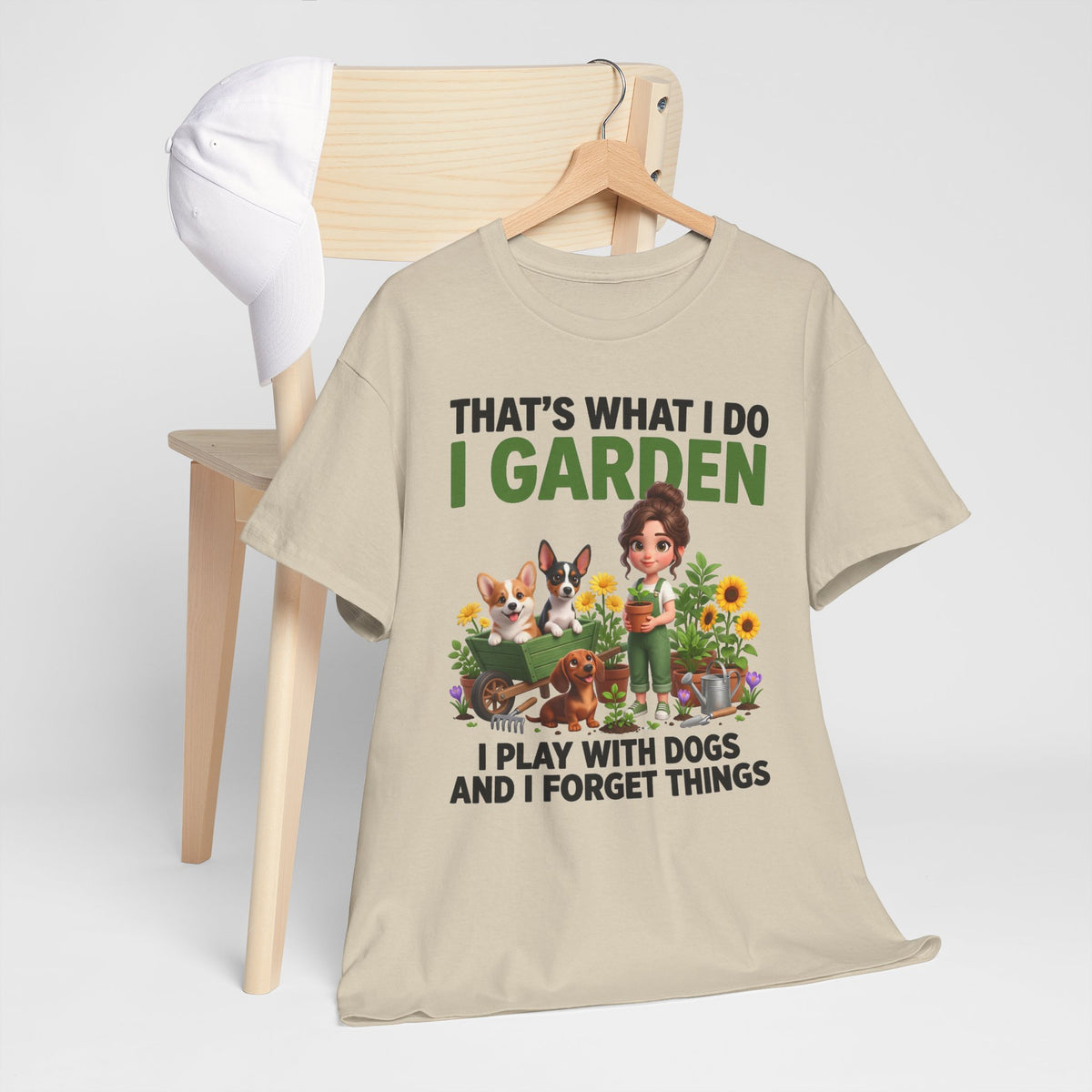 That's What I Do I Garden I Play With Dogs And I Forget Things Unisex T-Shirt — corgi, dachshund & rat terrier (v2)
