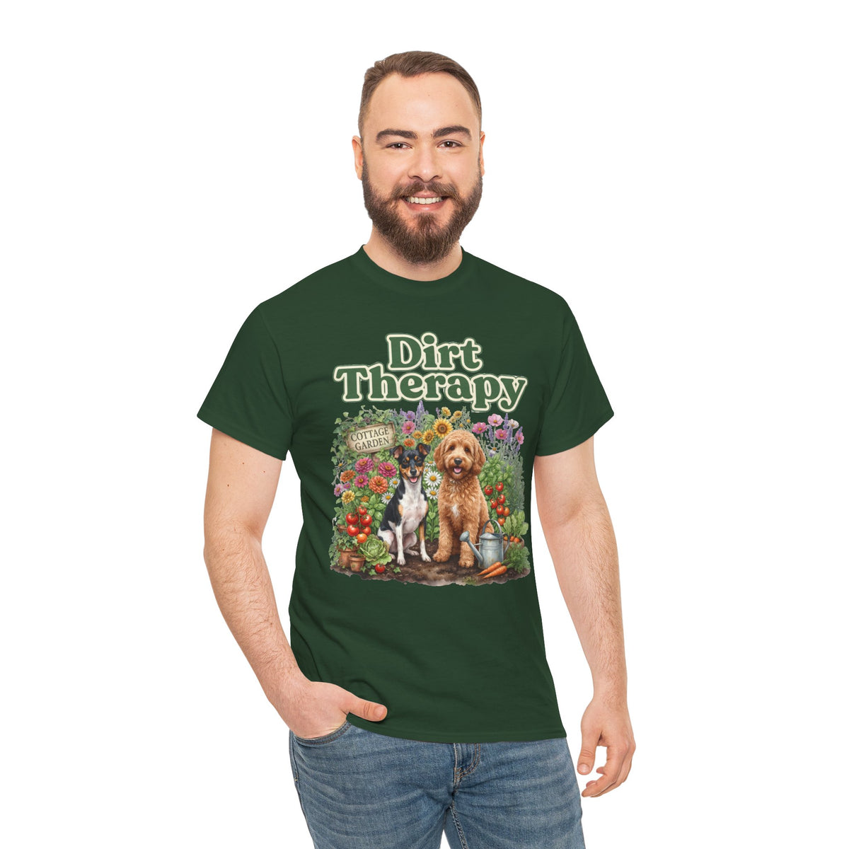 Dirt Therapy Gardening T‑Shirt — Dogs & Flowers Garden Lover Tee