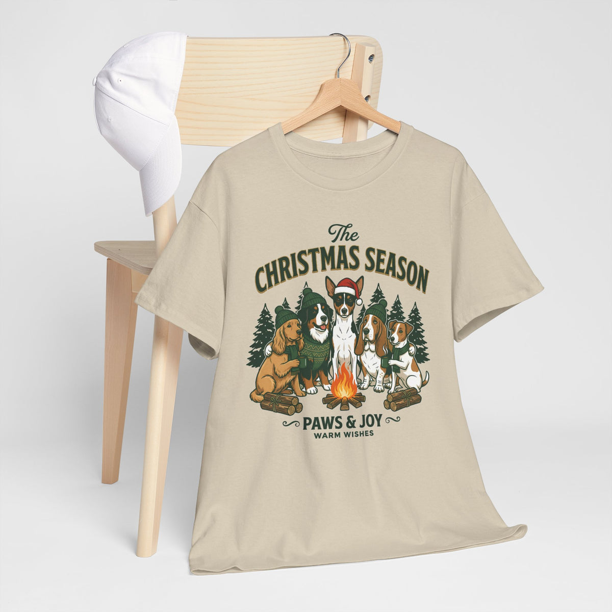 The Christmas Season Unisex T-Shirt — dogs relax around a crackling campfire