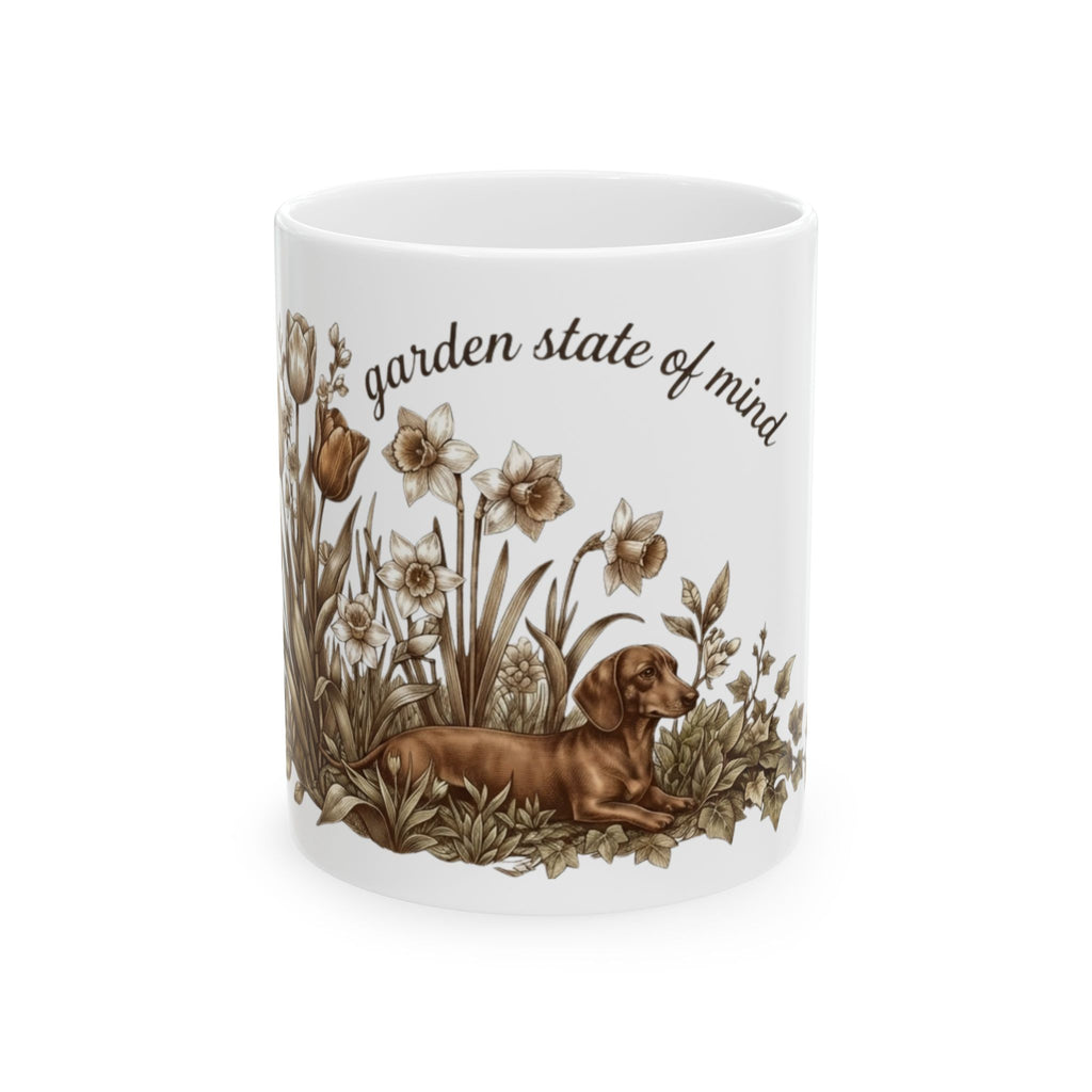 Garden State of Mind Ceramic Mug — Dachshund & Vintage Floral Coffee Cup (11oz/15oz)