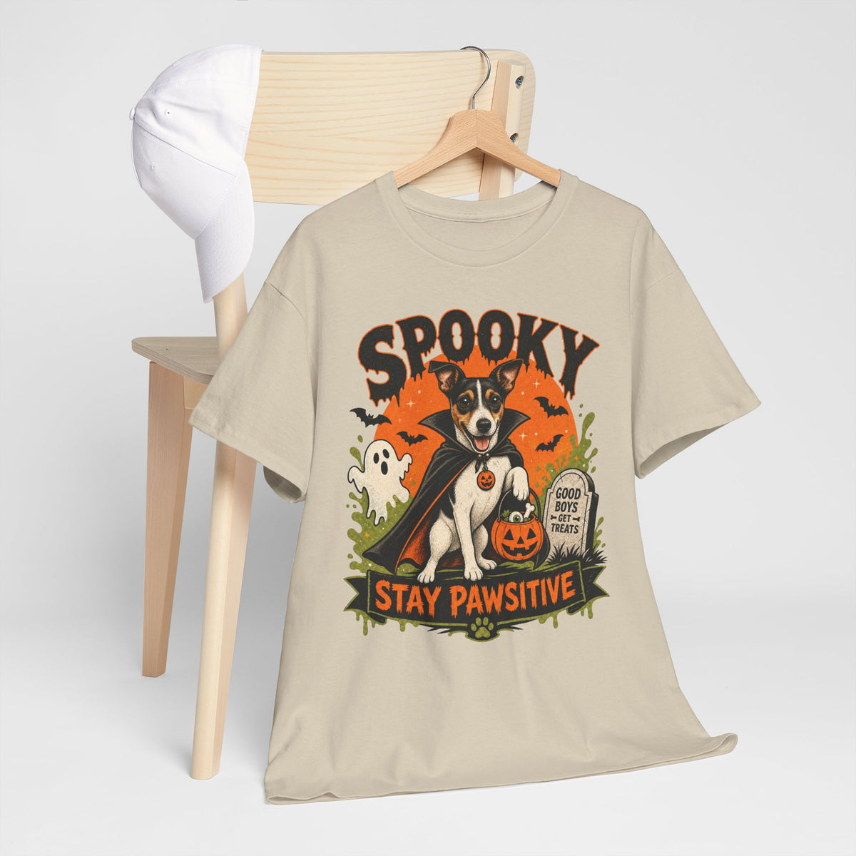 Spooky Stay Pawsitive Unisex T-Shirt — a vampire-caped Jack Russell Terrier