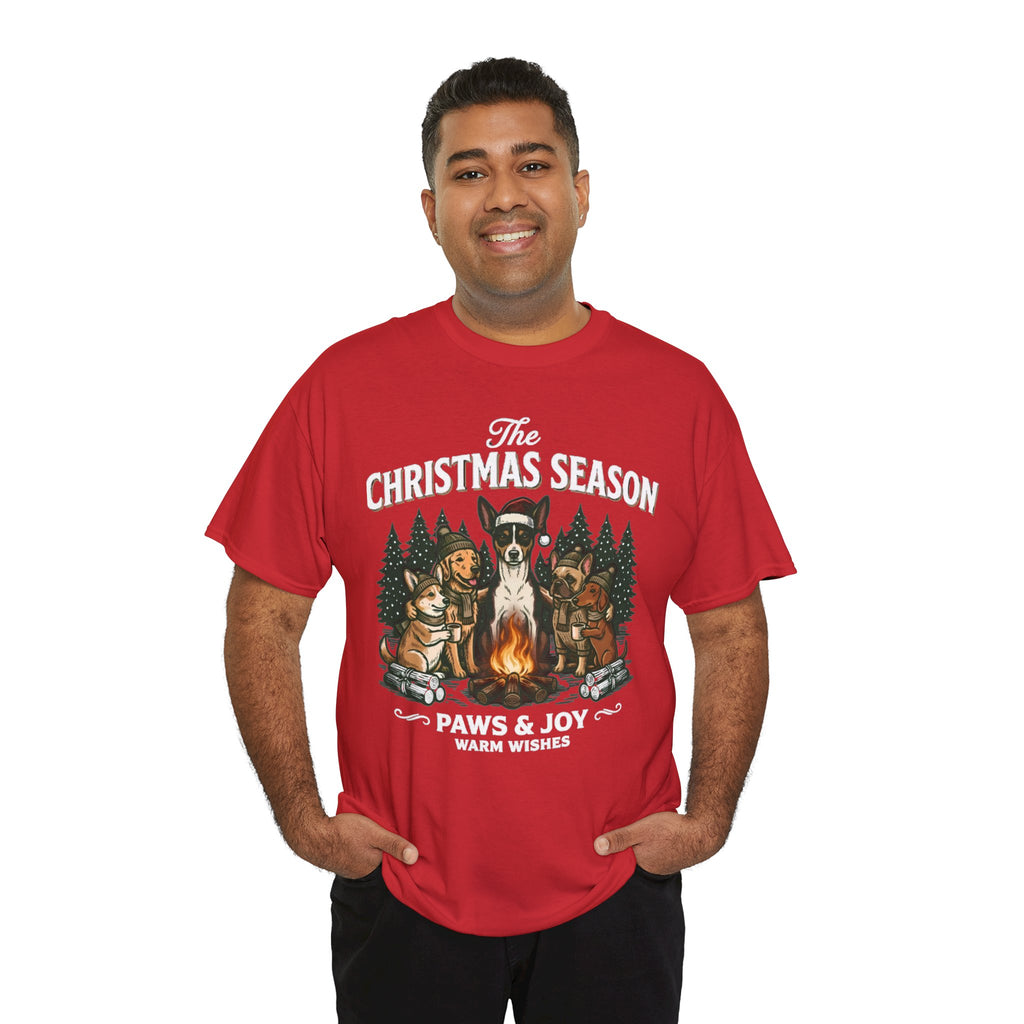 The Christmas Season Unisex T-Shirt — dogs gather around a warm campfire