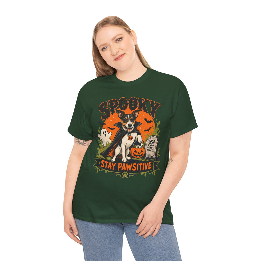 Spooky Stay Pawsitive Unisex T-Shirt — a vampire-caped Jack Russell Terrier