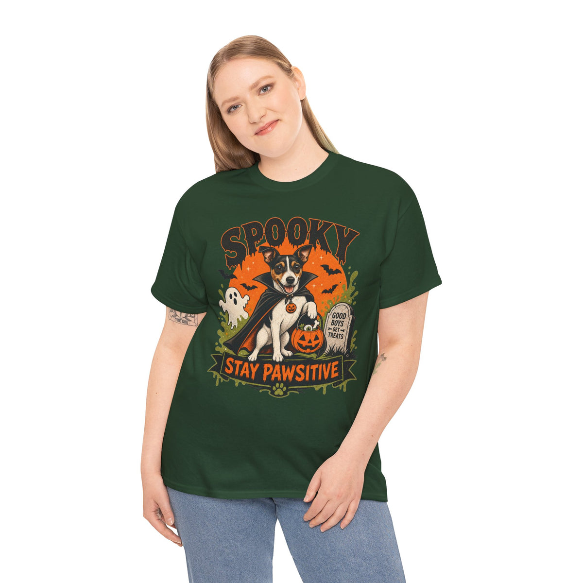 Spooky Stay Pawsitive Unisex T-Shirt — a vampire-caped Jack Russell Terrier