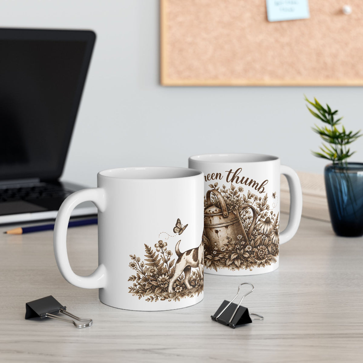 Gardening Mug — 'Green Thumb' Watering Can & Flowers Ceramic Coffee Cup (11oz)