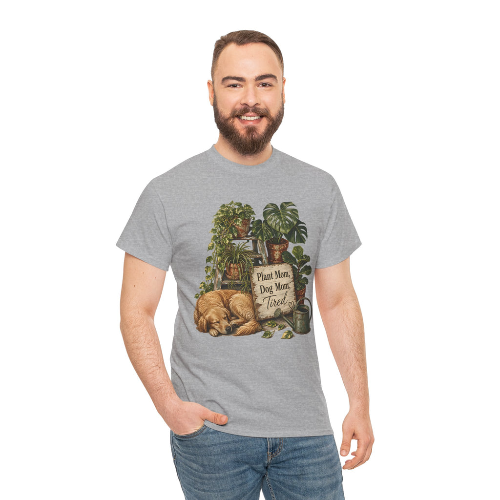 Plant Mom Dog Mom T-Shirt — Cozy Plant Lover Tee with Sleeping Dog Design