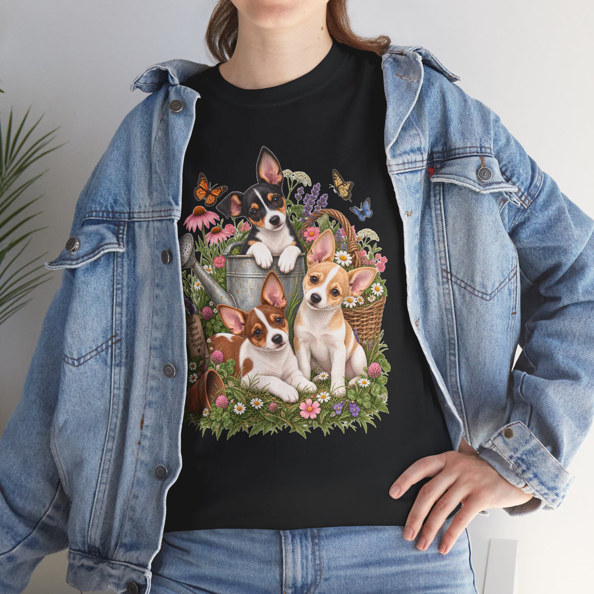 Rat Terrier Garden Tee — Cute Puppies & Floral Watering Can T-Shirt