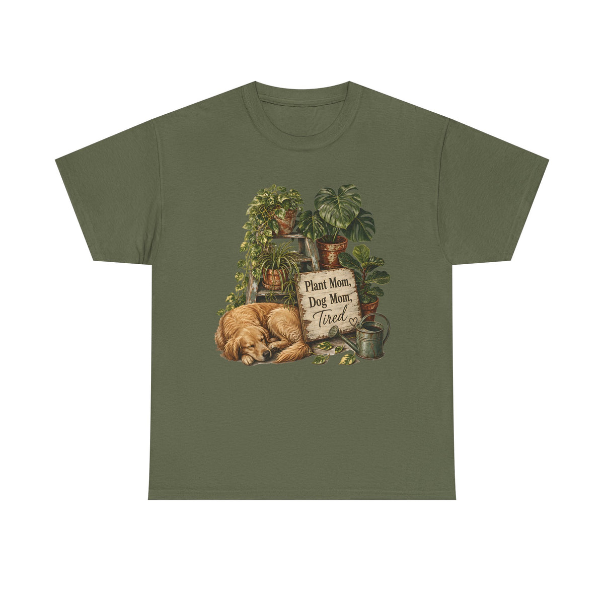 Plant Mom Dog Mom T-Shirt — Cozy Plant Lover Tee with Sleeping Dog Design