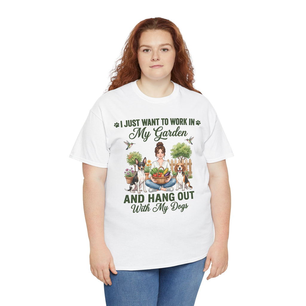 I Just Want to Work in My Garden and Hang Out With My Dogs Unisex T-Shirt — woman relaxes cross-legged in her garden