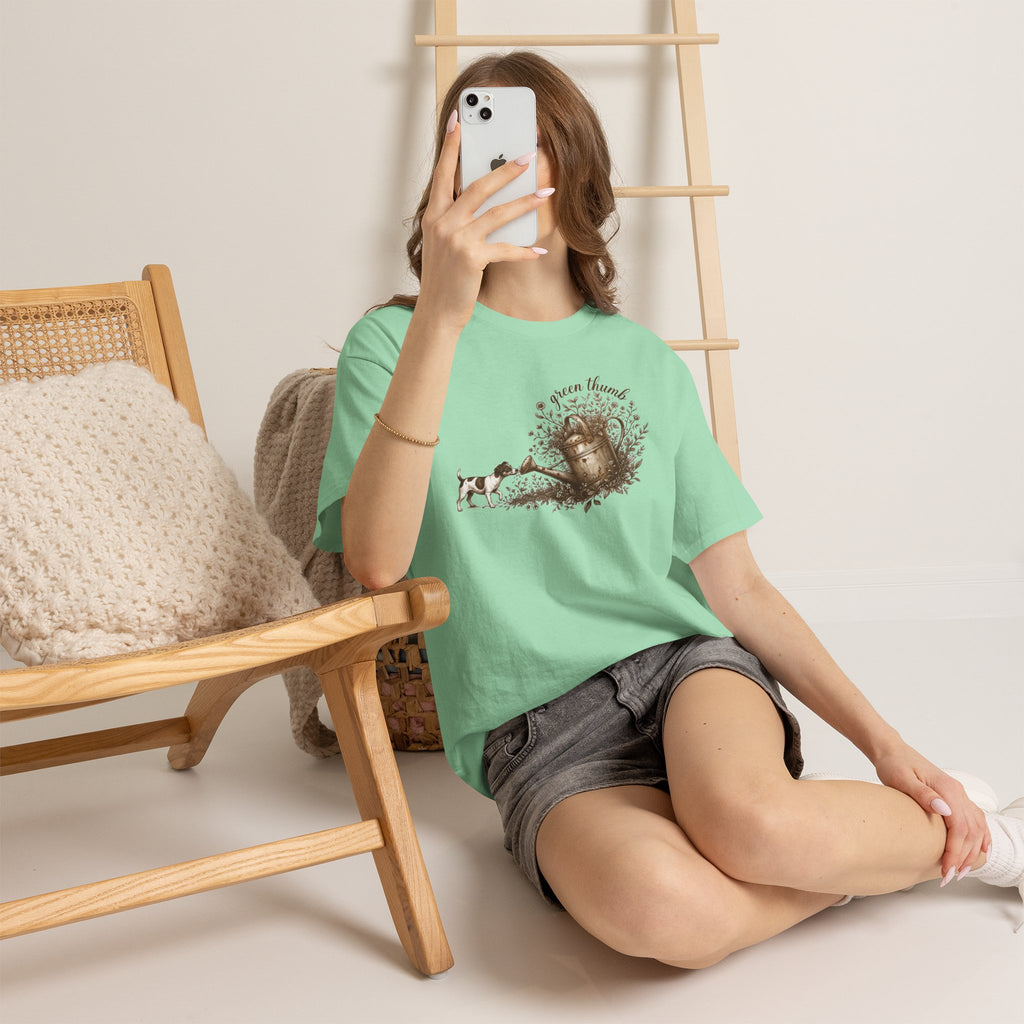 Green Thumb T-Shirt — Vintage Garden Watering Can & Puppy Graphic