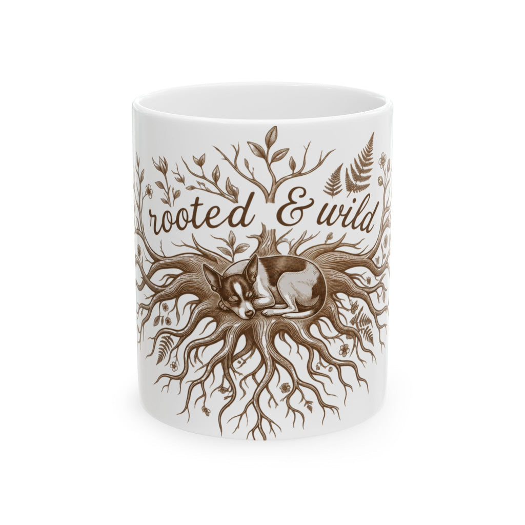Rooted & Wild Ceramic Mug –Rat Terrier Nesting in Tree Roots, Nature Lover Coffee Cup (11oz)