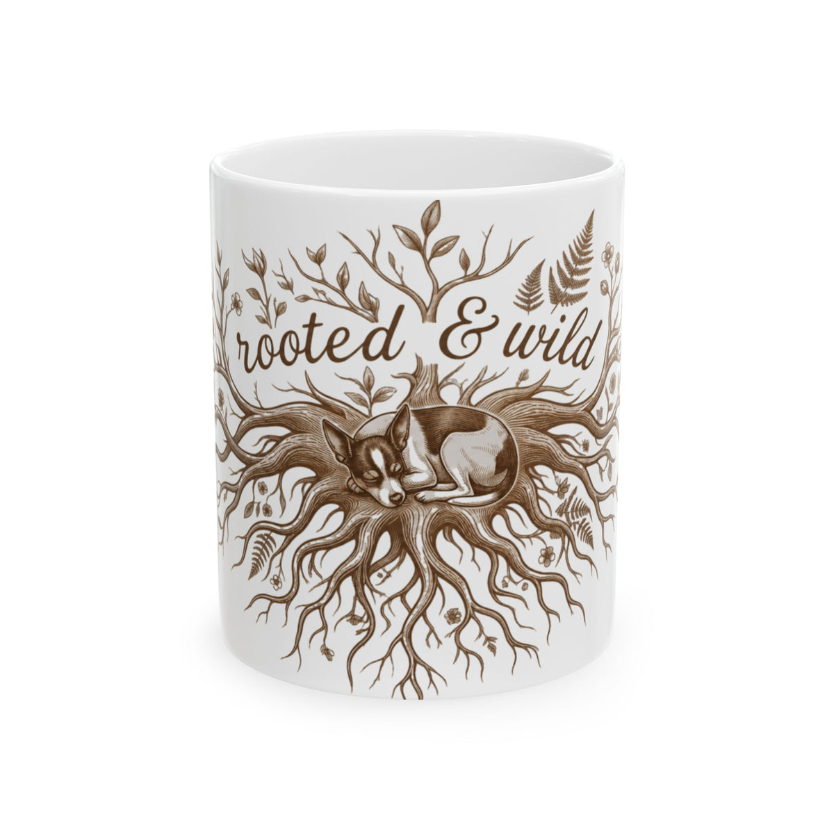 Rooted & Wild Ceramic Mug –Rat Terrier Nesting in Tree Roots, Nature Lover Coffee Cup (11oz)