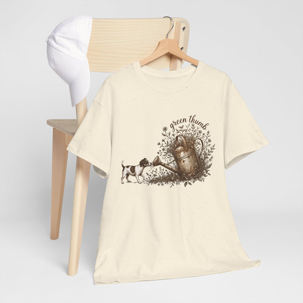 Green Thumb T-Shirt — Vintage Garden Watering Can & Puppy Graphic