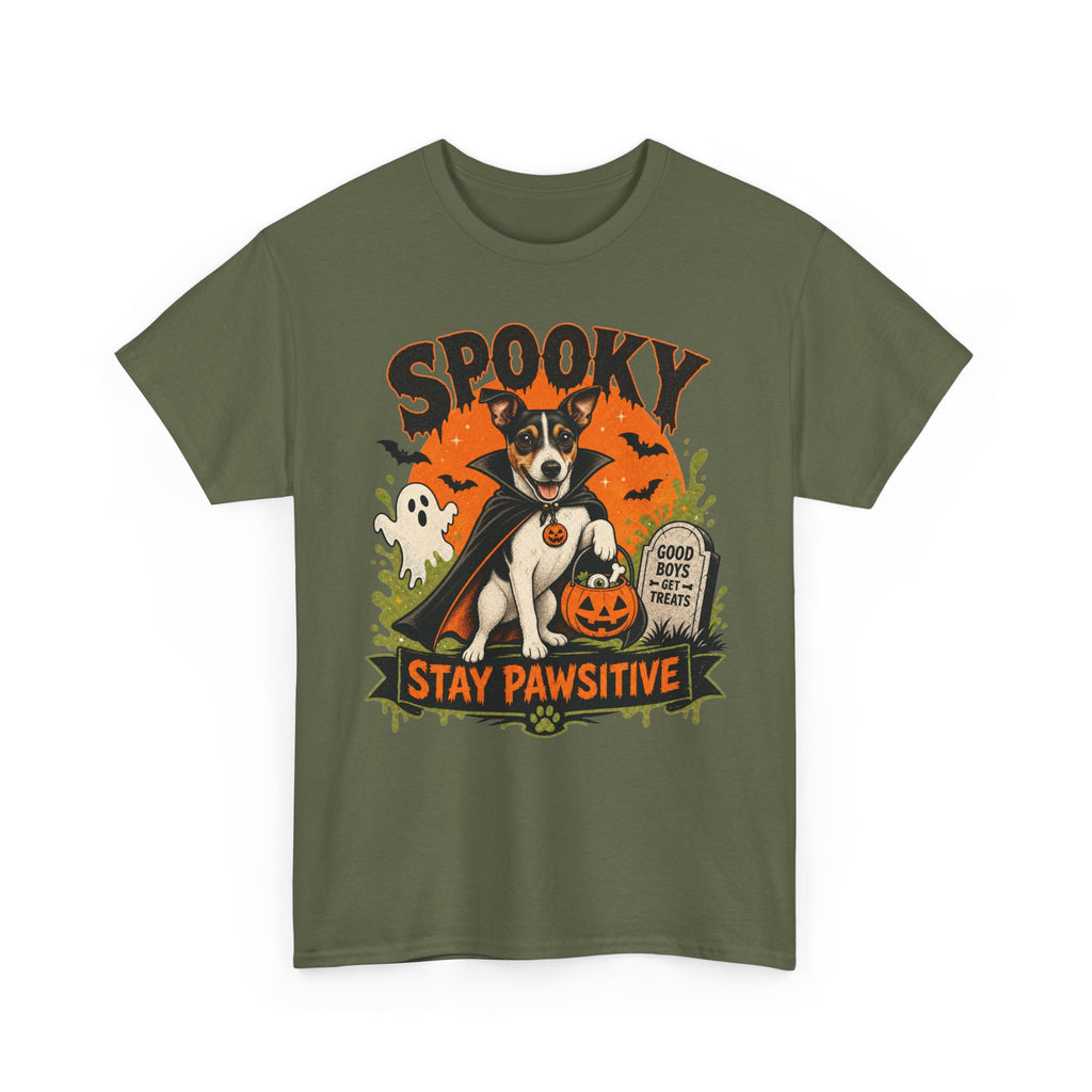Spooky Stay Pawsitive Unisex T-Shirt — a vampire-caped Jack Russell Terrier