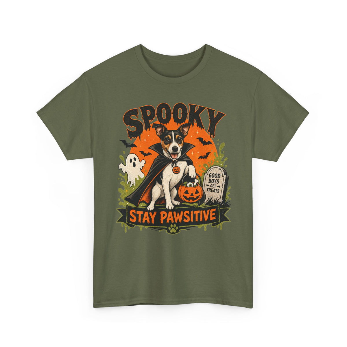 Spooky Stay Pawsitive Unisex T-Shirt — a vampire-caped Jack Russell Terrier