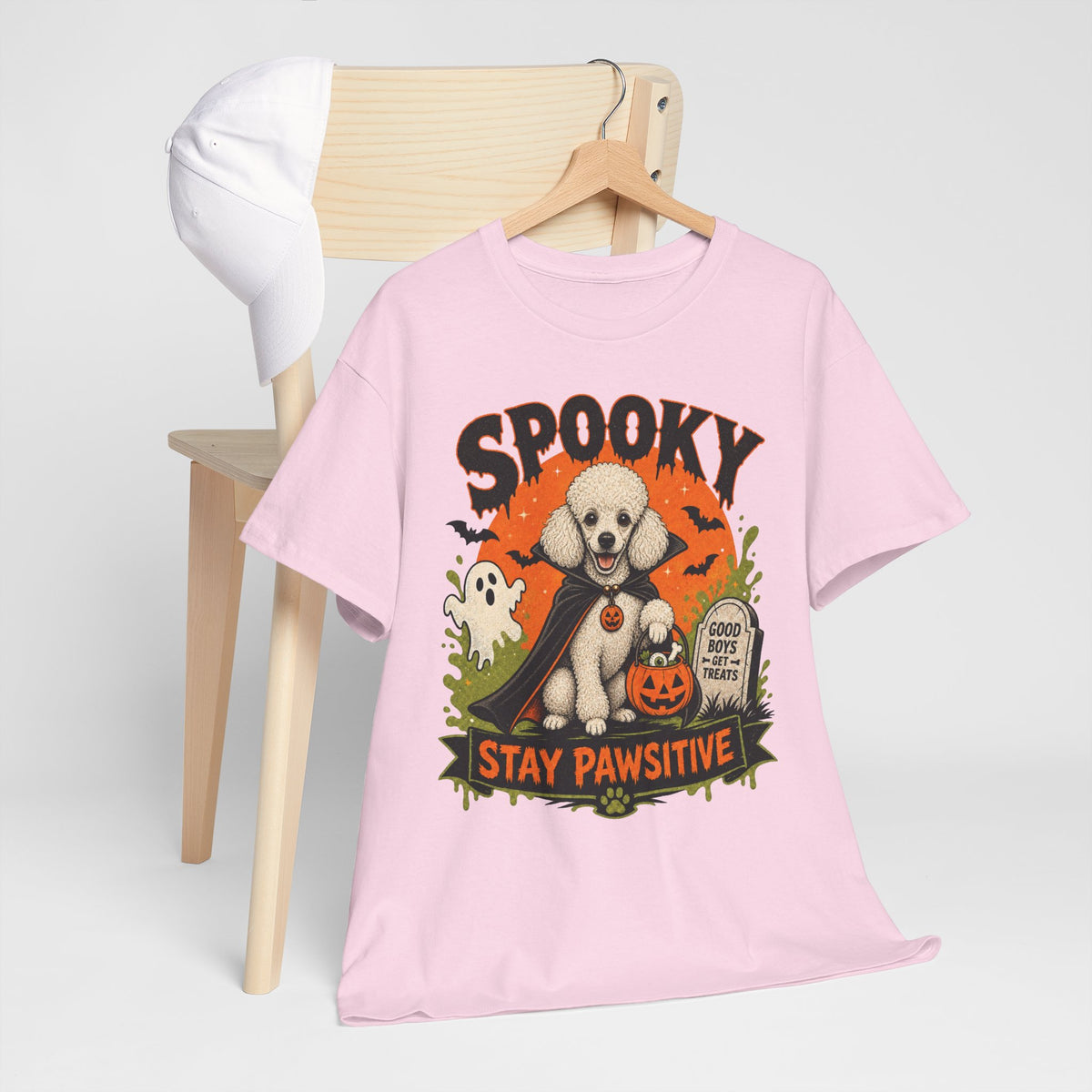 Spooky Stay Pawsitive Unisex T-Shirt — a vampire-caped white Poodle