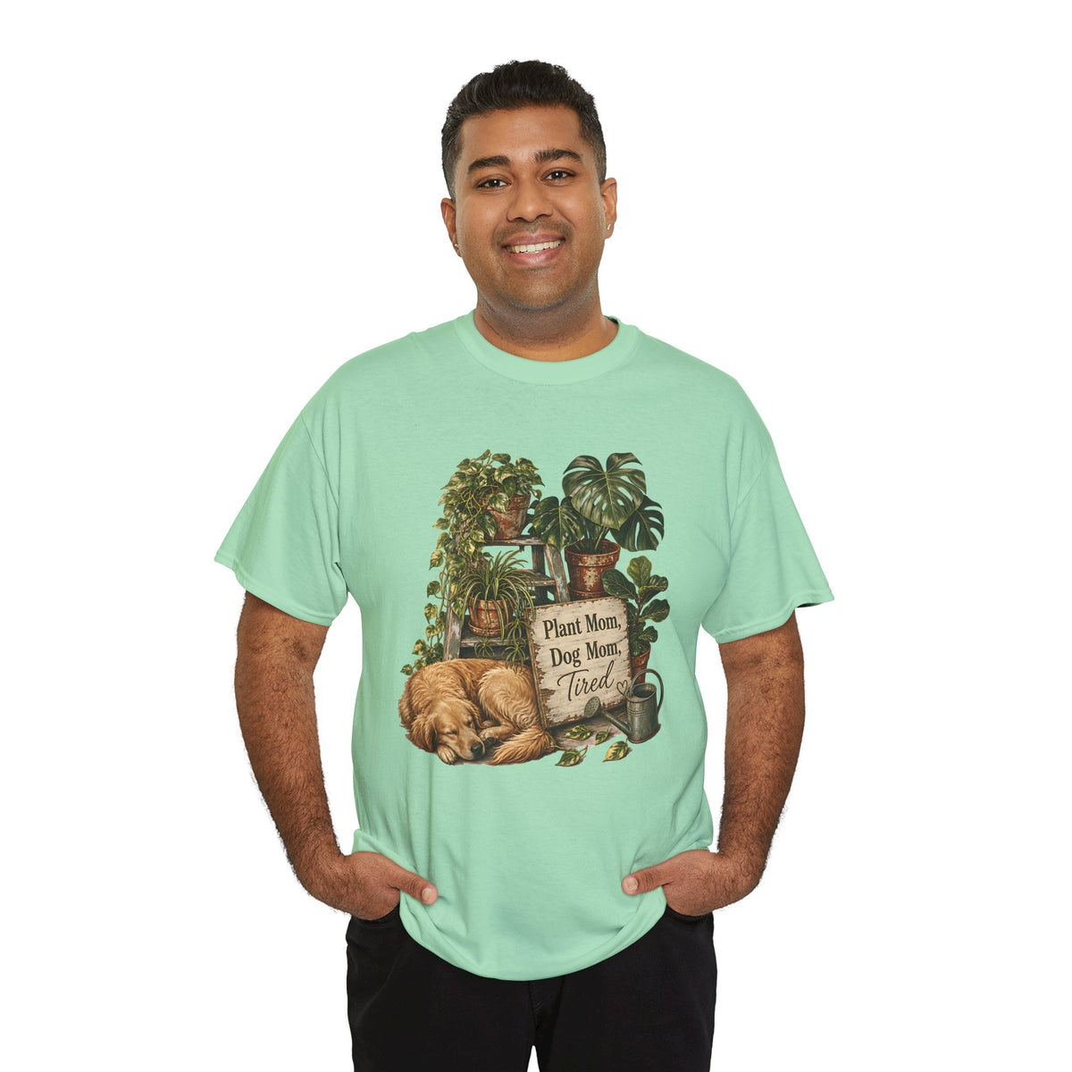 Plant Mom Dog Mom T-Shirt — Cozy Plant Lover Tee with Sleeping Dog Design