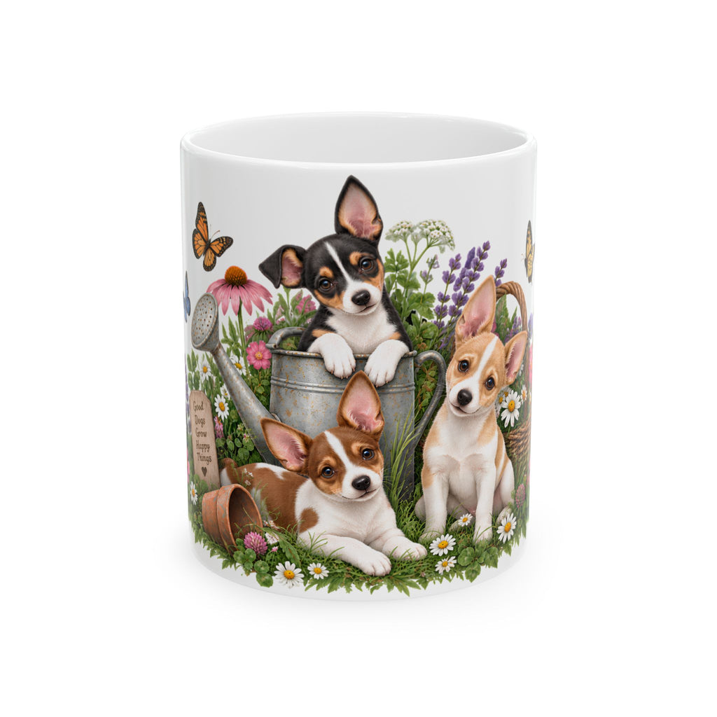 Rat Terrier Garden Ceramic Mug – Cute Puppies, Flowers & Watering Can (11oz)