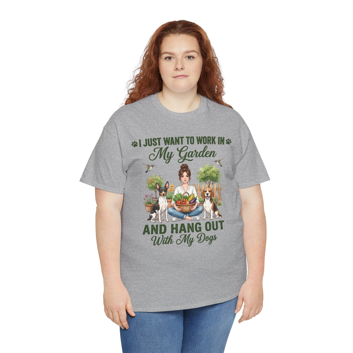 I Just Want to Work in My Garden and Hang Out With My Dogs Unisex T-Shirt — woman relaxes cross-legged in her garden
